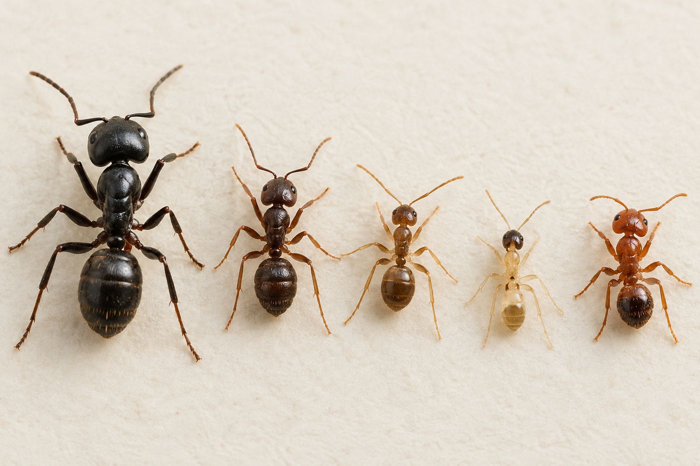 Several US ant species side by side on a white card for size comparison