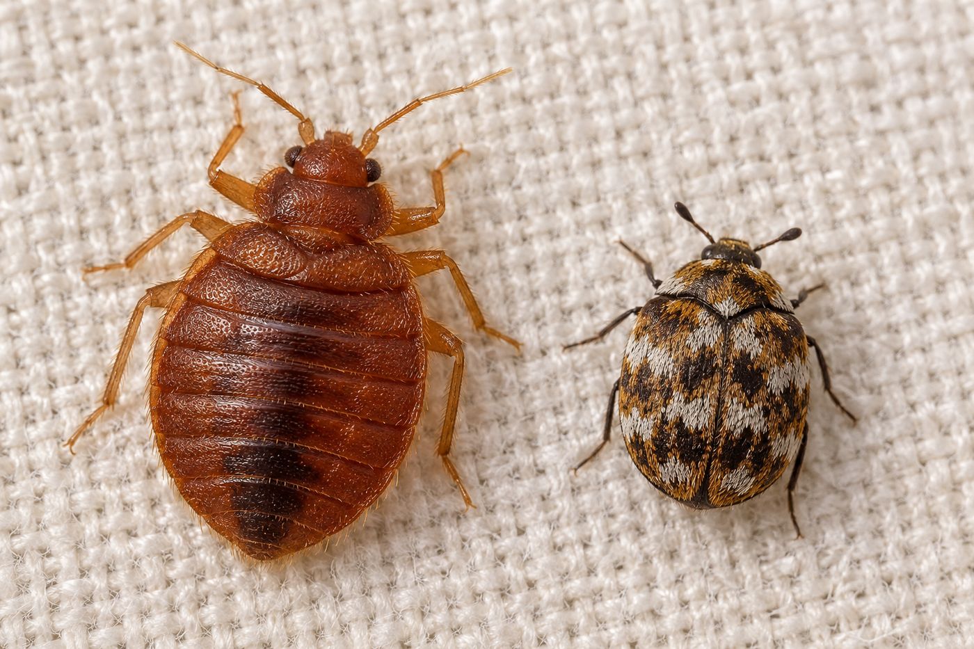 Bed bug and a carpet beetle side by side on light fabric for comparison