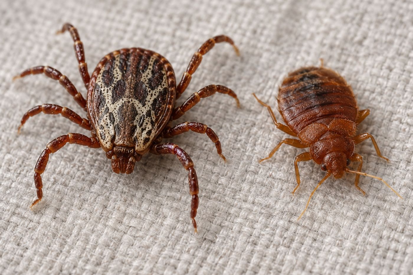 Unfed tick and bed bug side by side, showing eight legs versus six