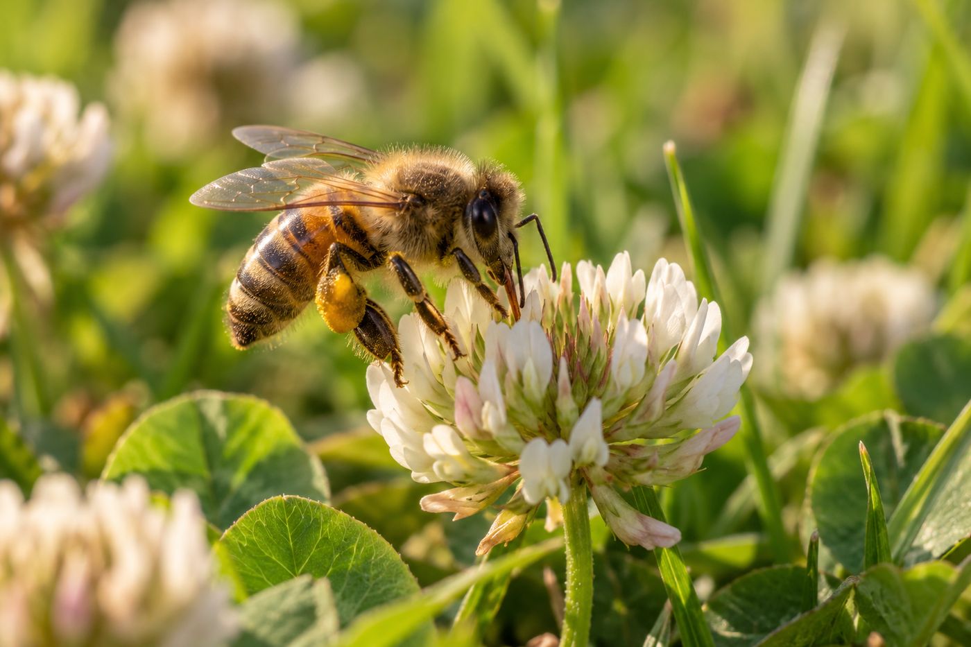 Honey bee collecting pollen on a white clover flower in a backyard lawn