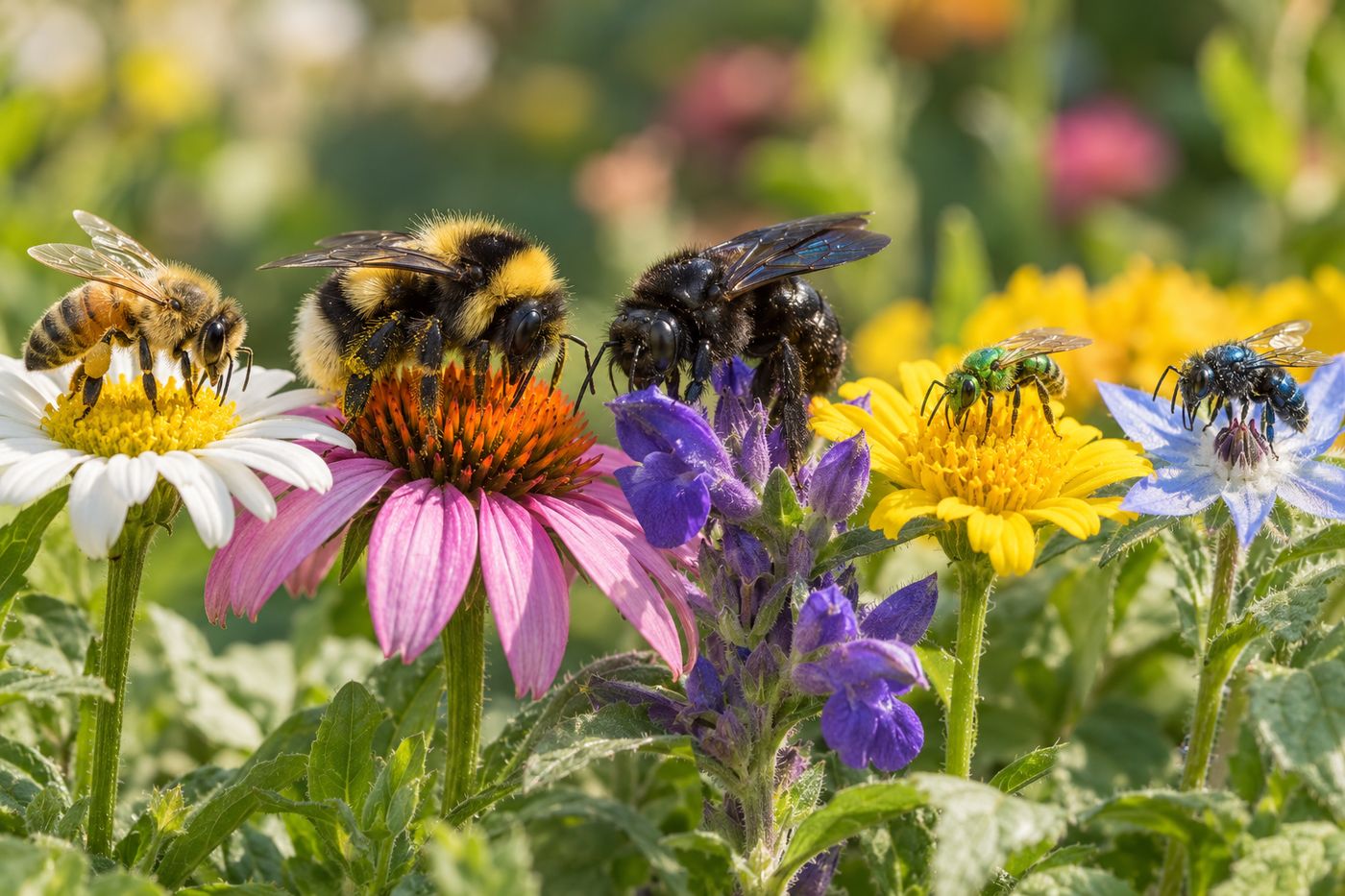 Five common US bees on flowers: honey bee, bumble bee, carpenter bee, metallic green sweat bee and blue mason bee