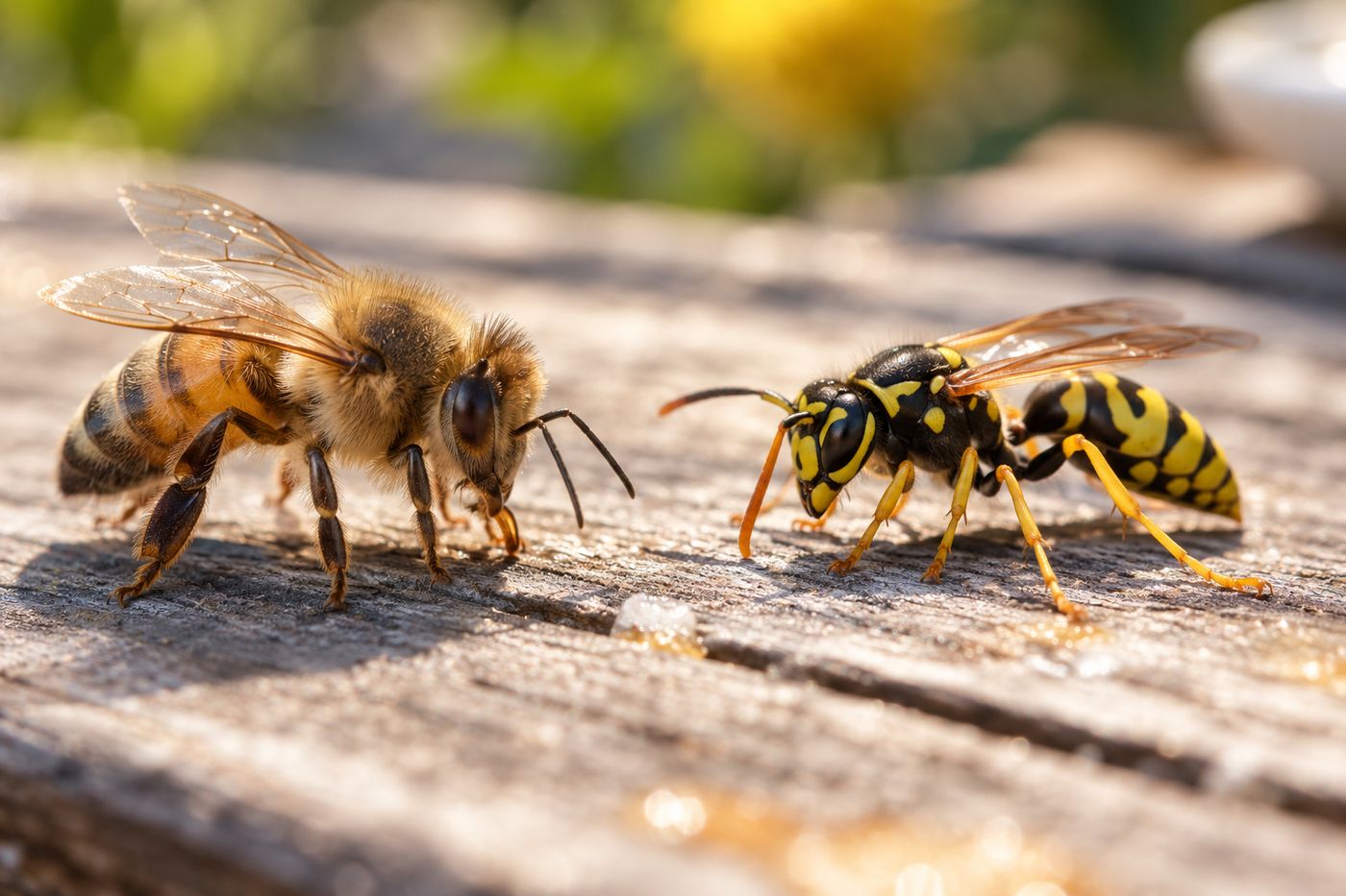 Hairy honey bee next to a smooth, narrow-waisted yellow jacket on a picnic table