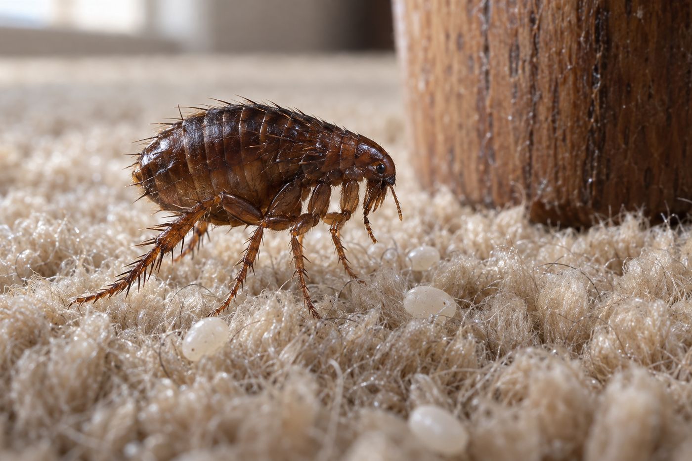 Adult flea on beige carpet pile next to the leg of a sofa
