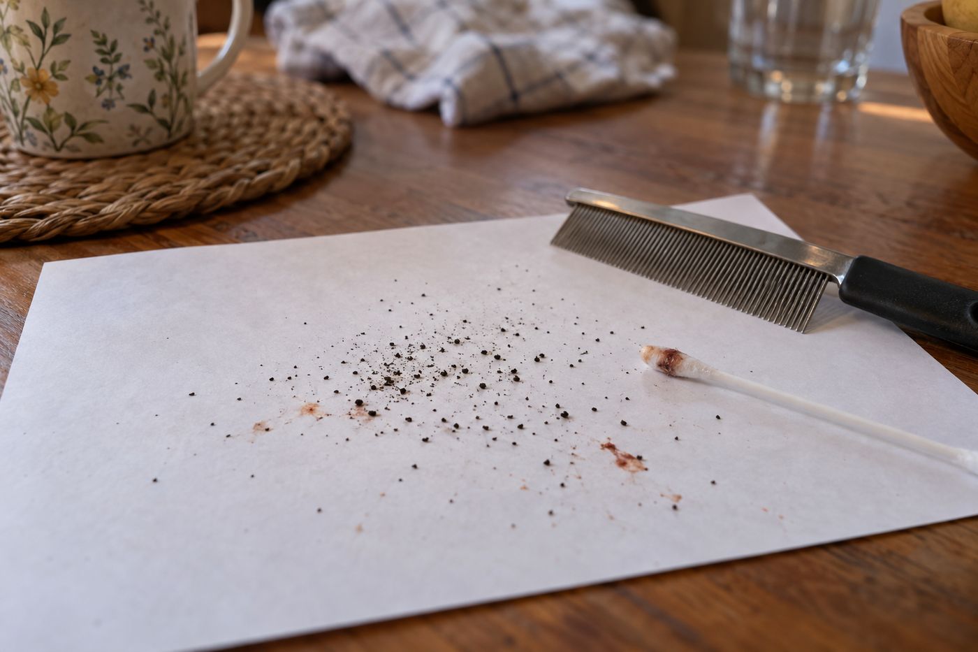 Black flea dirt on white paper after combing, some specks dissolving red