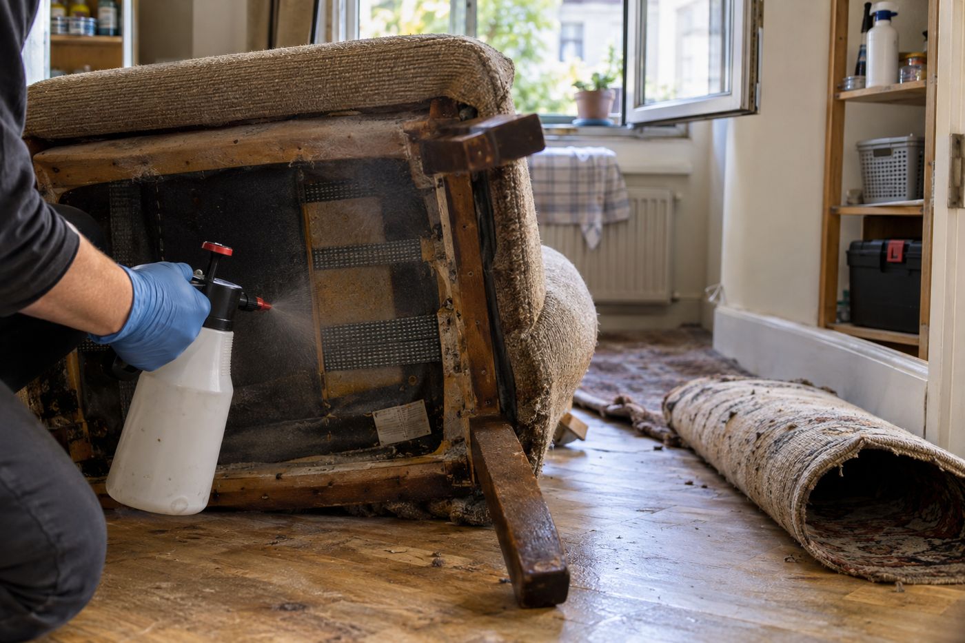 Gloved hand spraying the underside of an overturned armchair and the baseboard