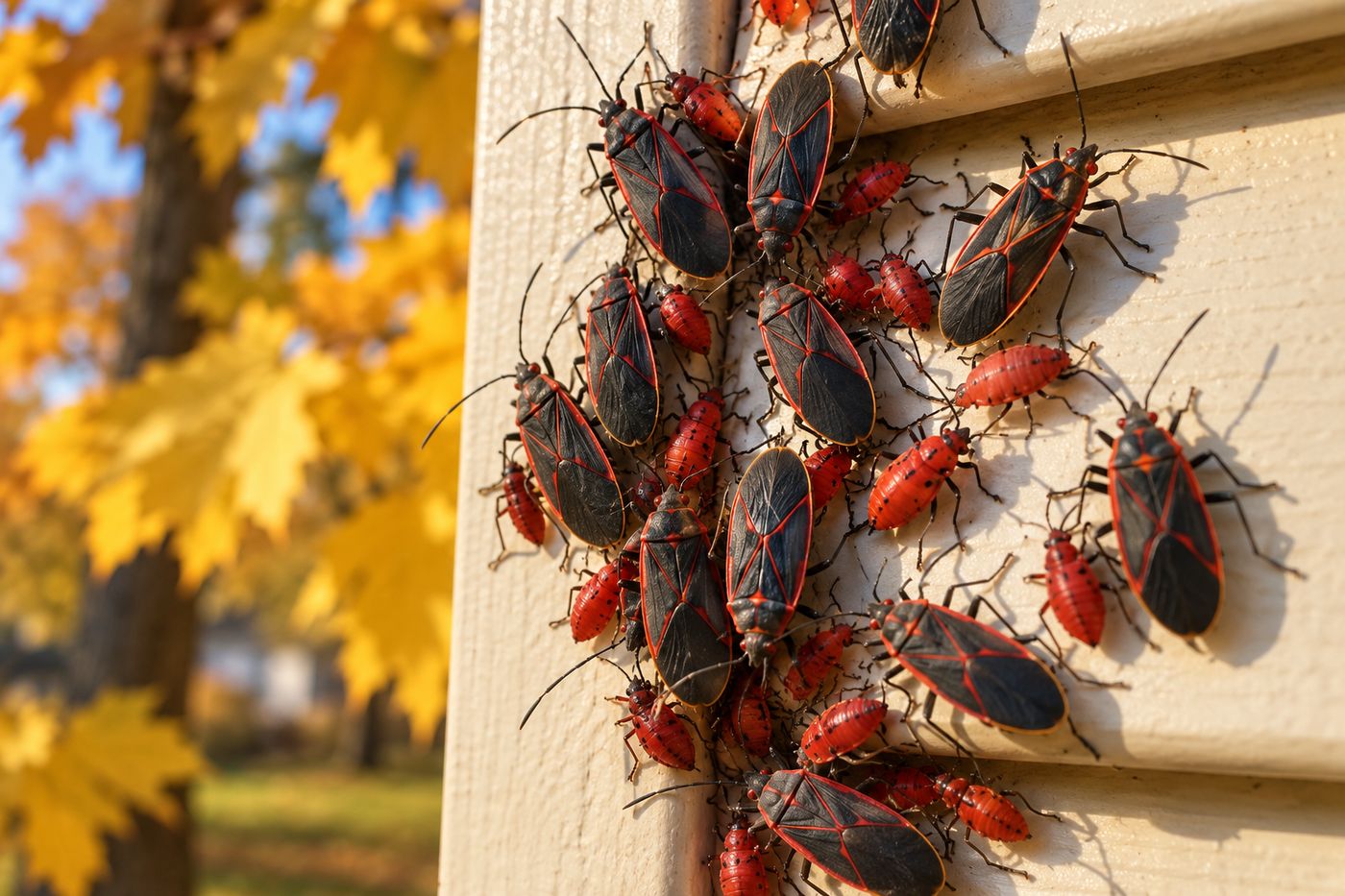 Group of black and red boxelder bugs and red nymphs on a sunny house siding