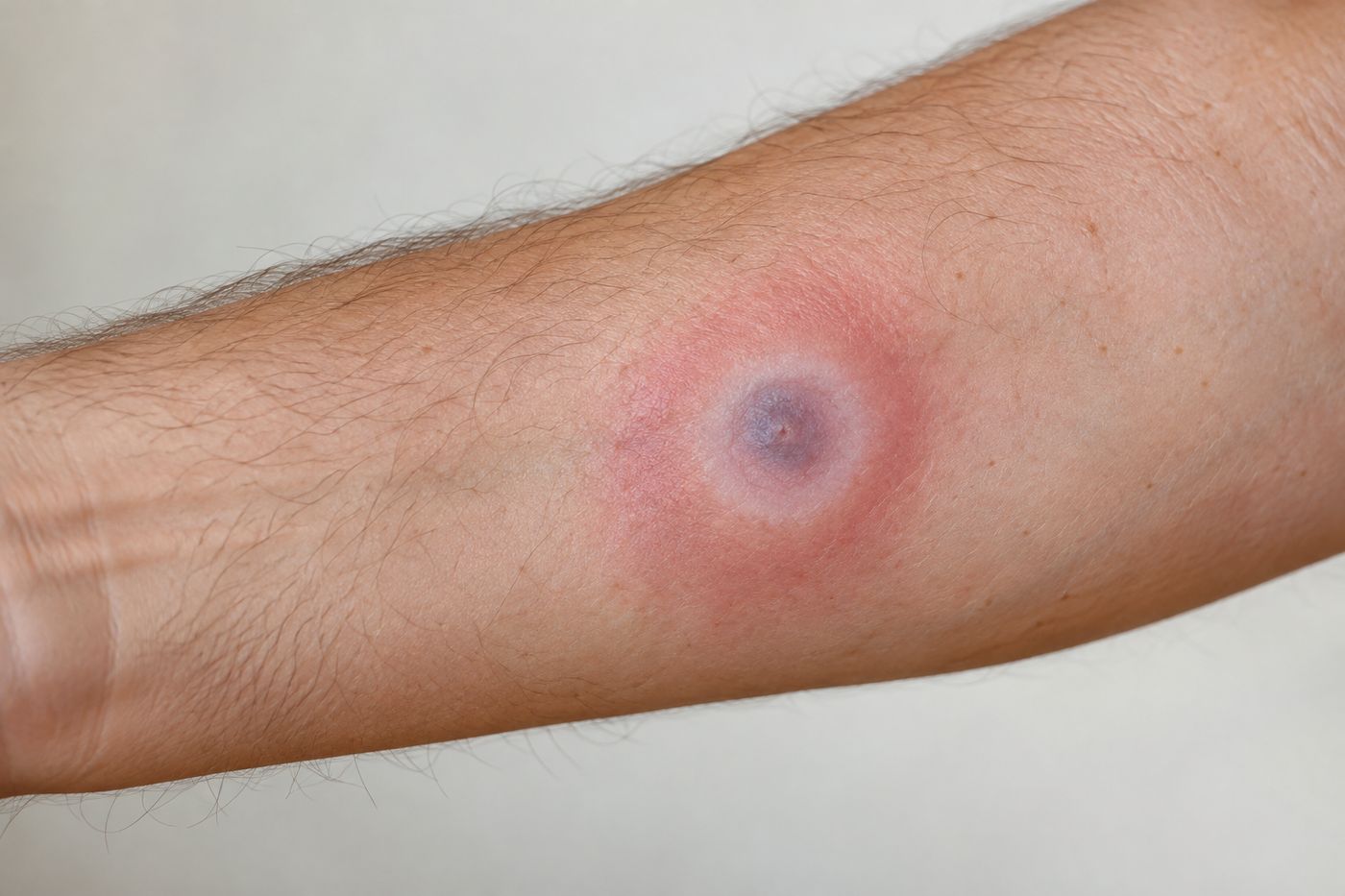 Forearm with a small reddened area and pale bluish center, typical early recluse bite