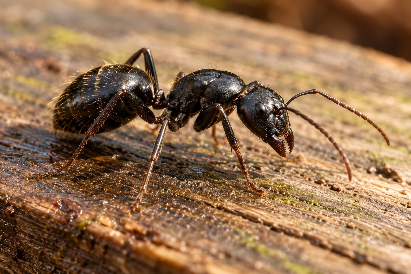 Large black carpenter ant worker on a weathered wooden beam