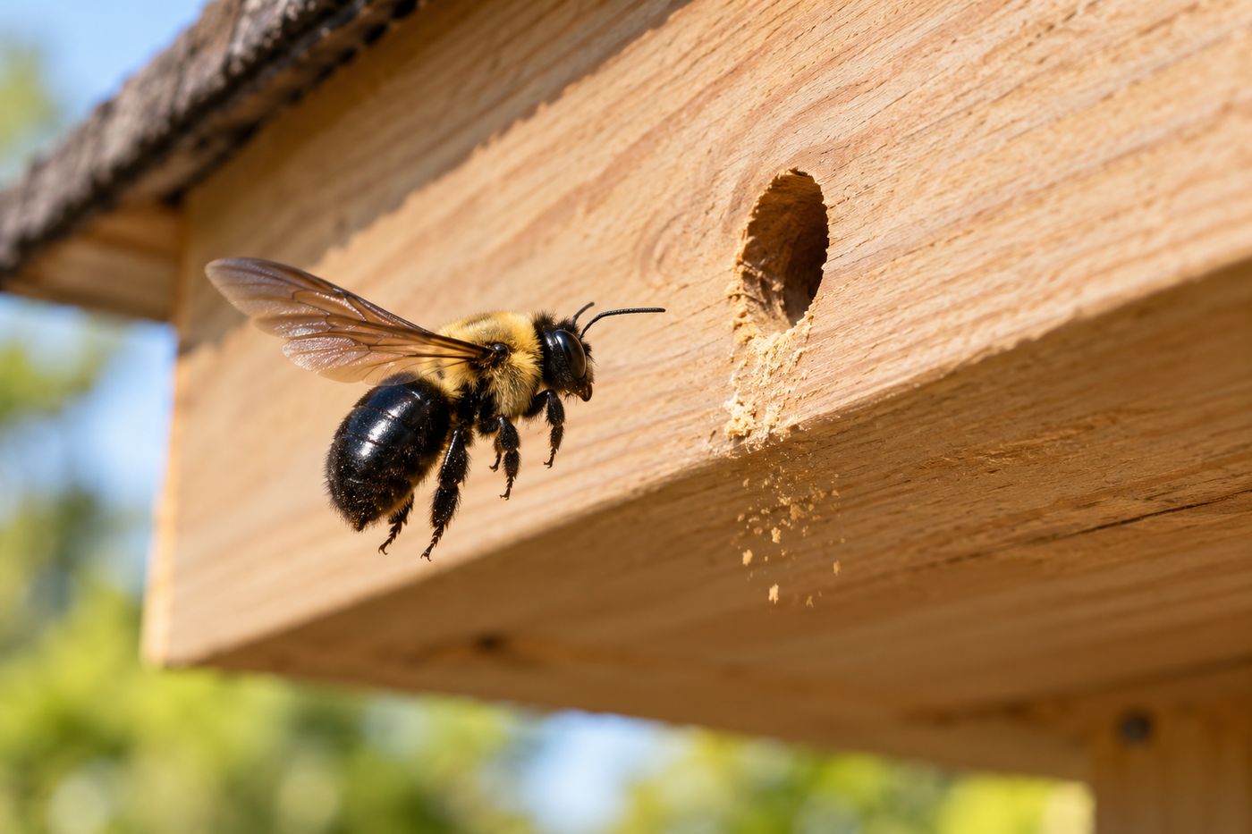 Eastern carpenter bee with a yellow fuzzy thorax and shiny black abdomen at a round hole in a wooden fascia board