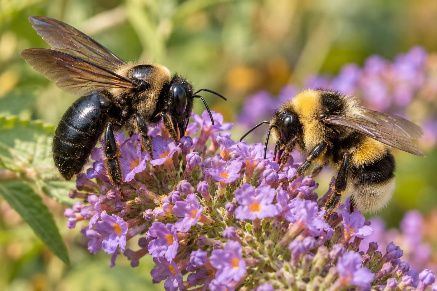 Carpenter bee and bumble bee side by side on a flower, showing the bare shiny abdomen vs the fuzzy striped one