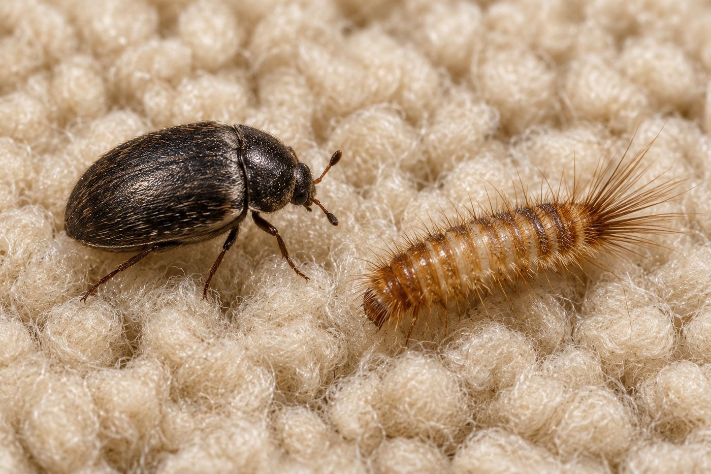 Shiny black oval carpet beetle and a tapered golden-brown larva with a long tail tuft on beige carpet