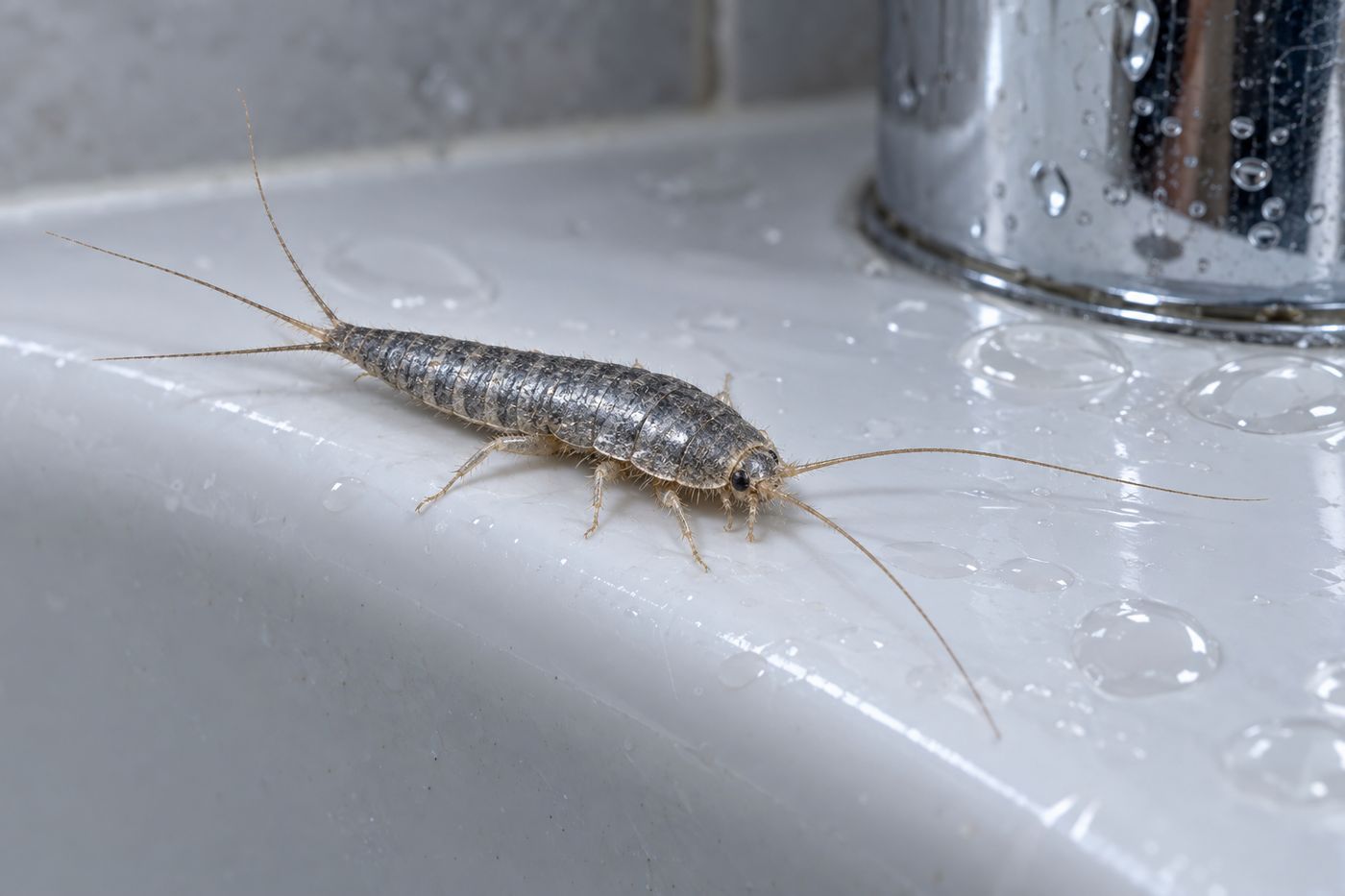 Common silverfish on the rim of a bathtub near the faucet