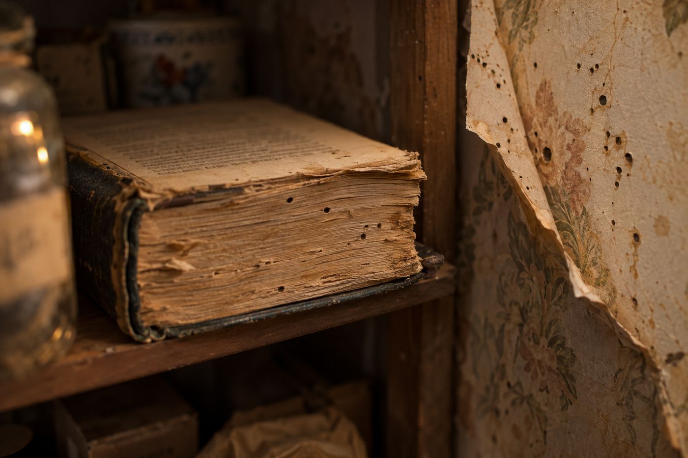 Ragged, grazed edge of an old book page and wallpaper damaged by silverfish