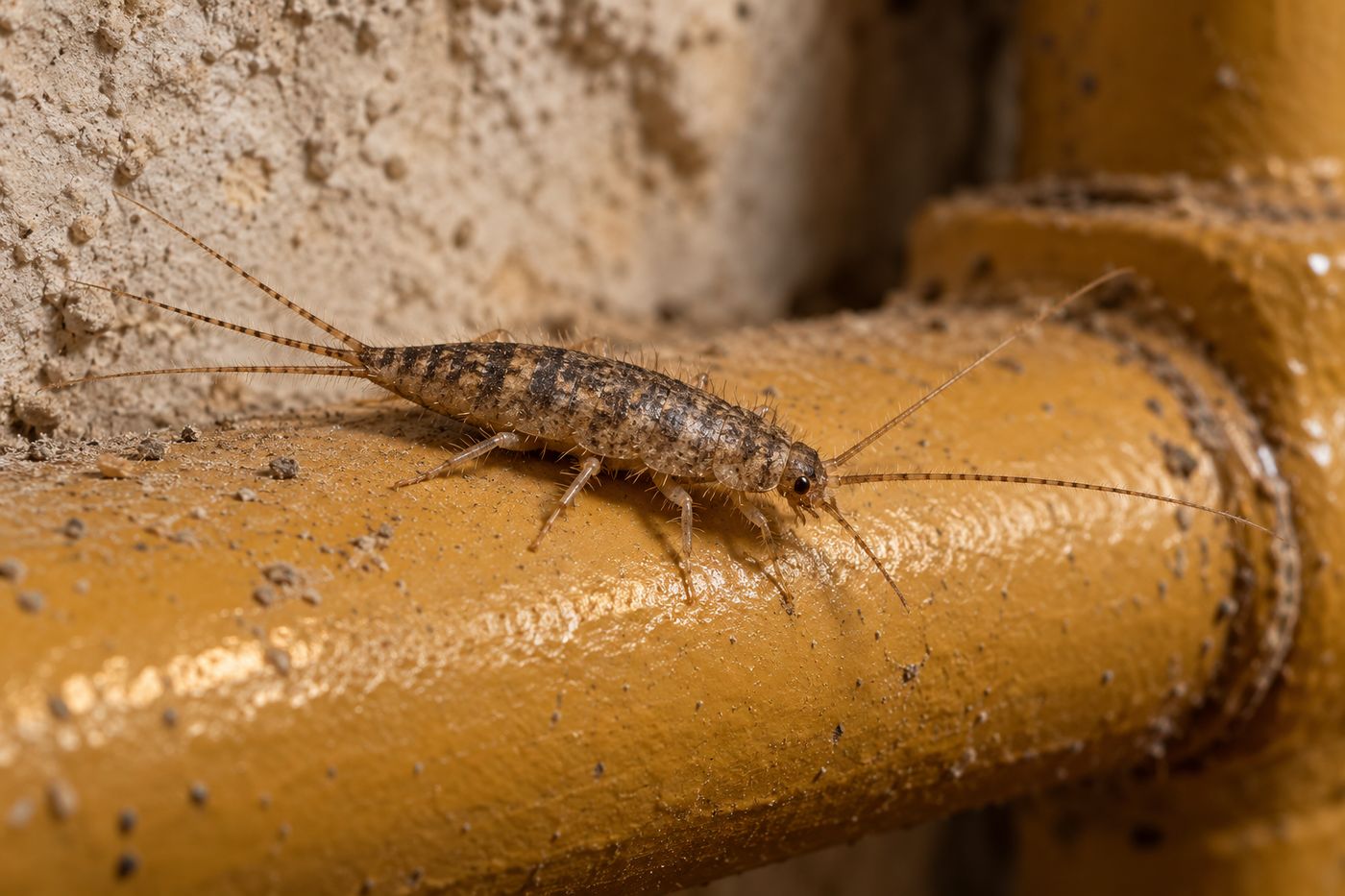 Firebrat, a mottled gray-brown bristletail, on a warm heating pipe