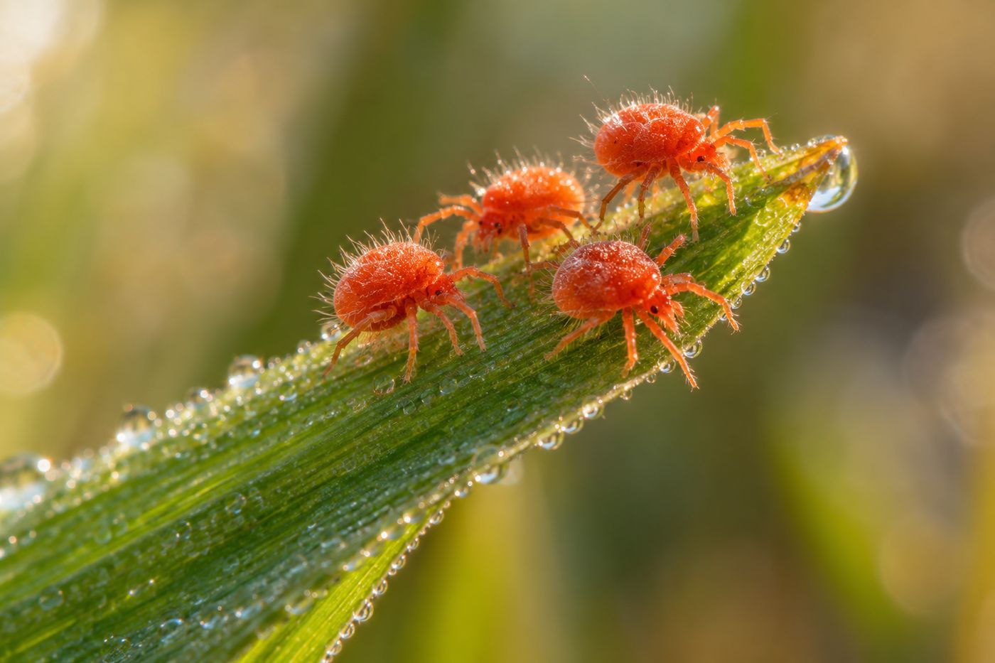 Tiny bright red chigger larvae clustered on the tip of a grass blade, extreme close-up