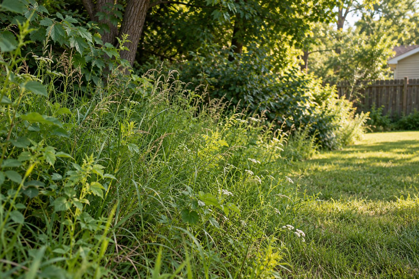 Overgrown edge of a lawn where tall grass and weeds meet shrubs and shade