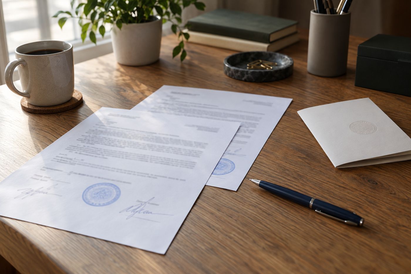 Service agreement and treatment report on a table next to a pesticide label