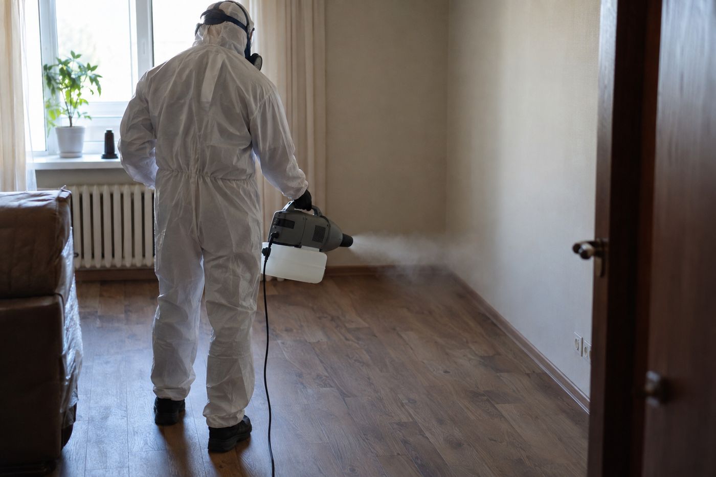 Pesticide fog filling an empty room