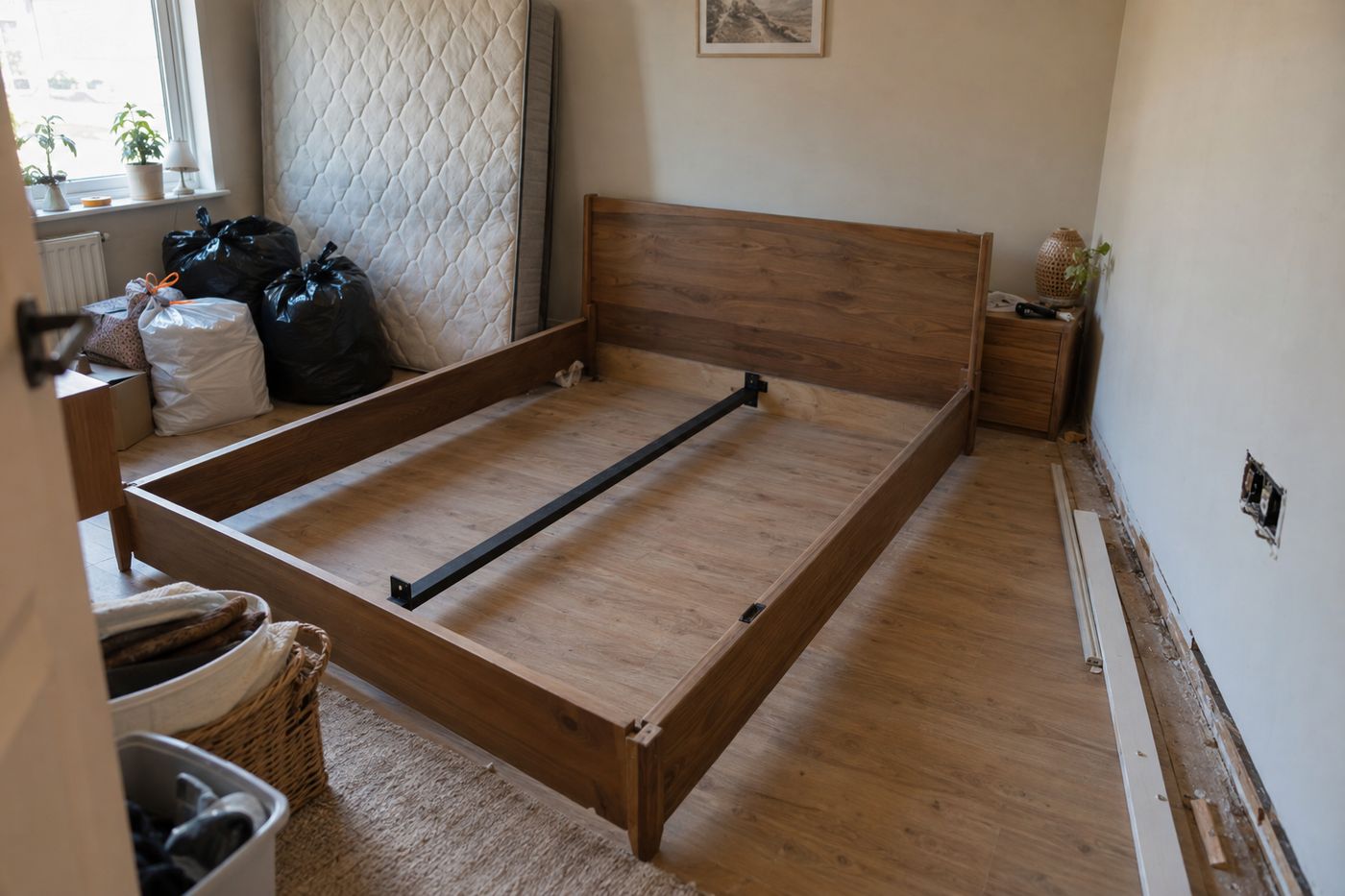 Bedroom prepared for treatment: bed taken apart, mattress against the wall, belongings bagged