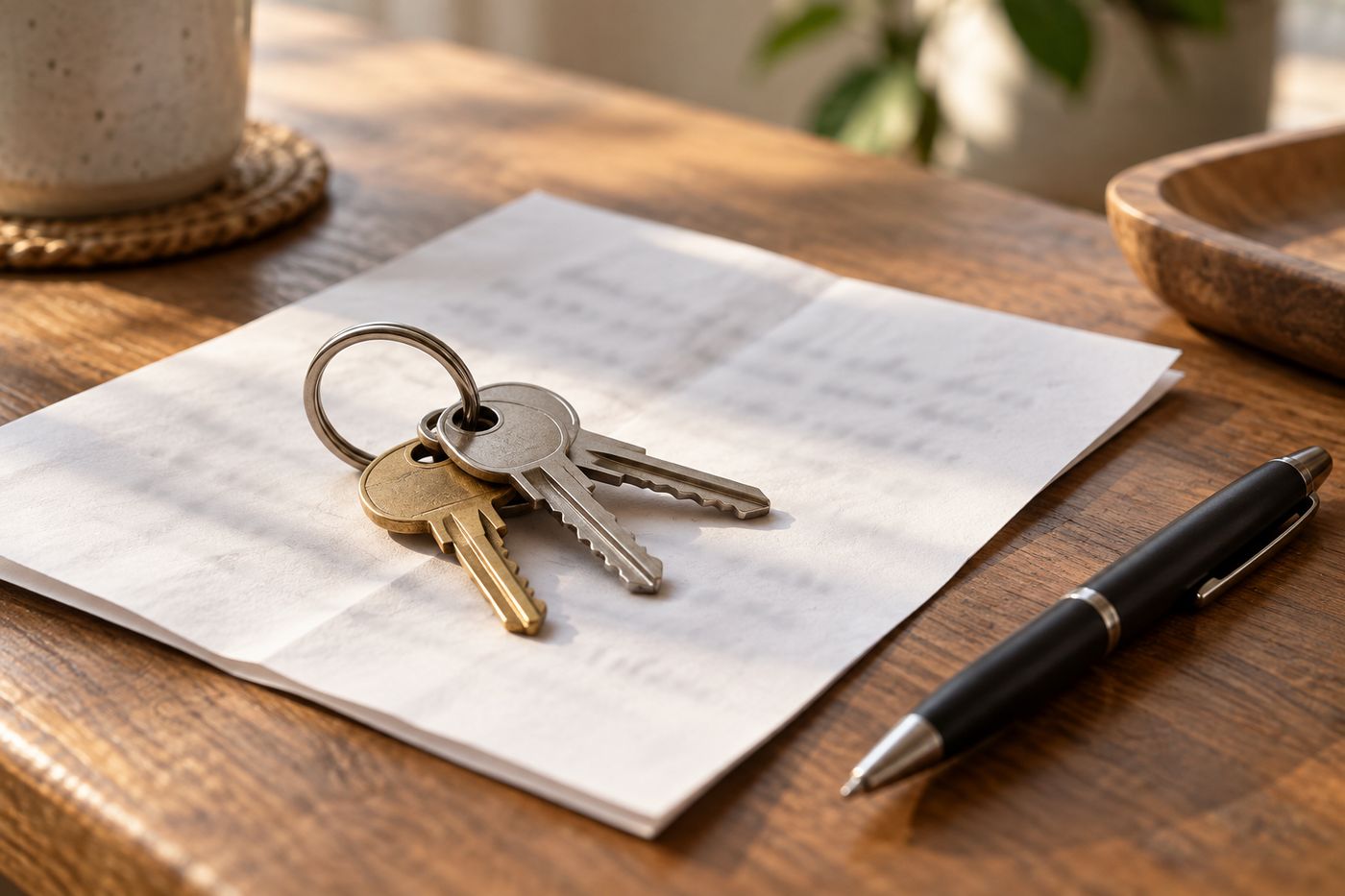 Apartment keys and a pen resting on a lease agreement on a wooden table
