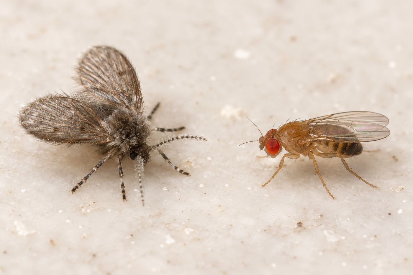 Side-by-side close-up of a fuzzy gray drain fly and a tan red-eyed fruit fly on a white countertop