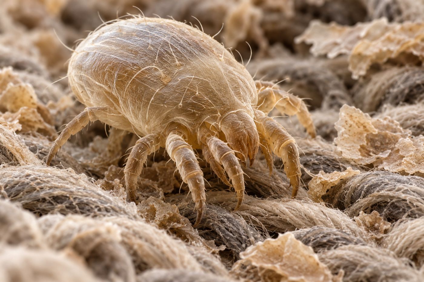 Scanning-microscope style view of a house dust mite among fabric fibers