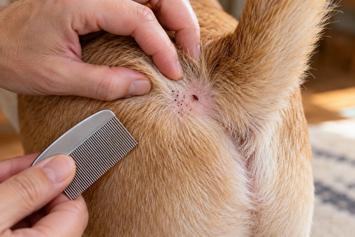 Hand parting the fur of a short-haired dog near the base of the tail to check for fleas