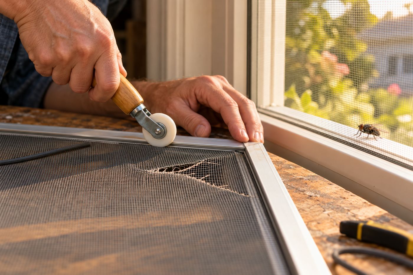 Hands pressing a new screen spline into a window frame to repair a torn window screen