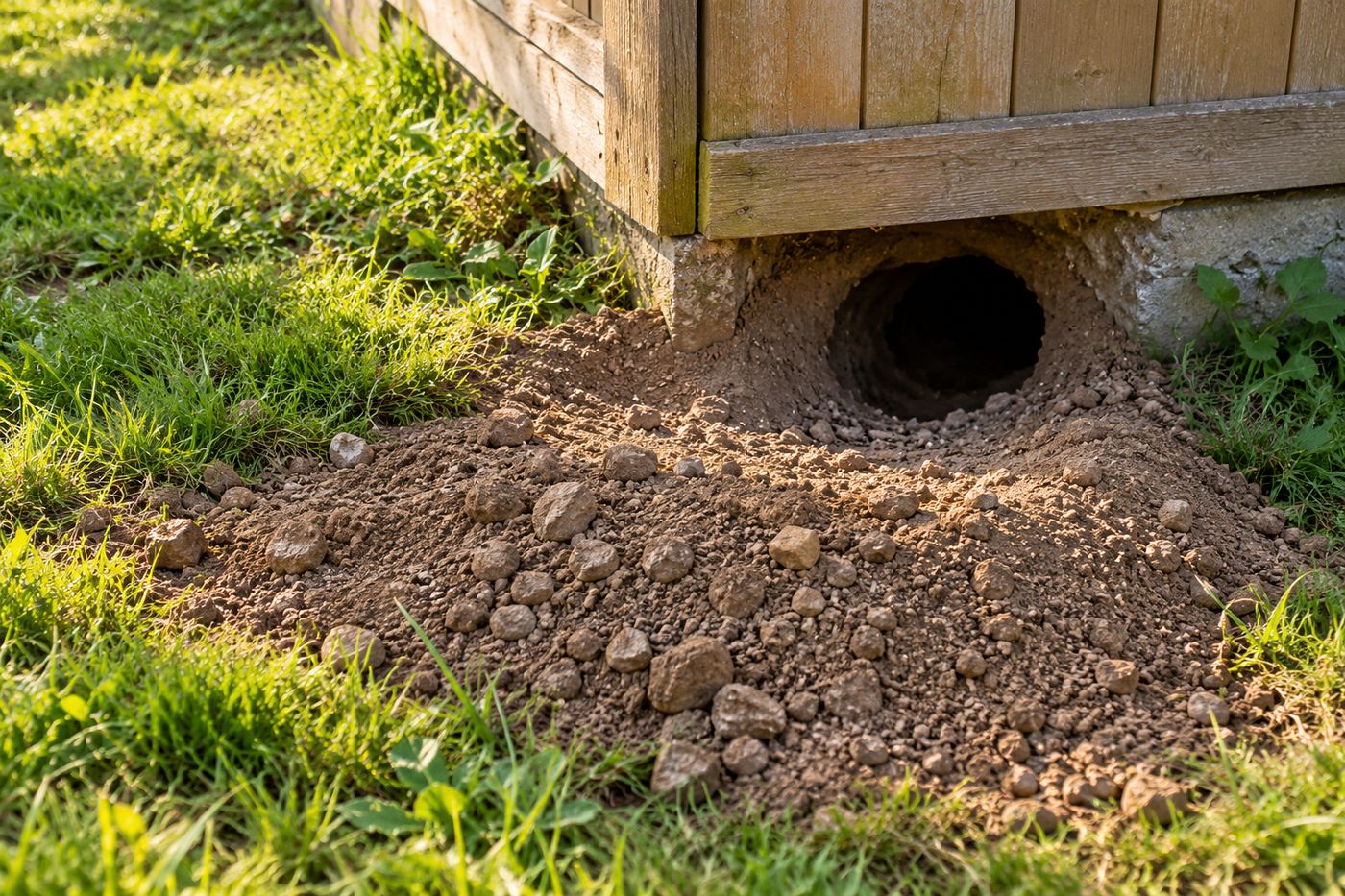 Groundhog burrow entrance under a garden shed with a fan of excavated soil