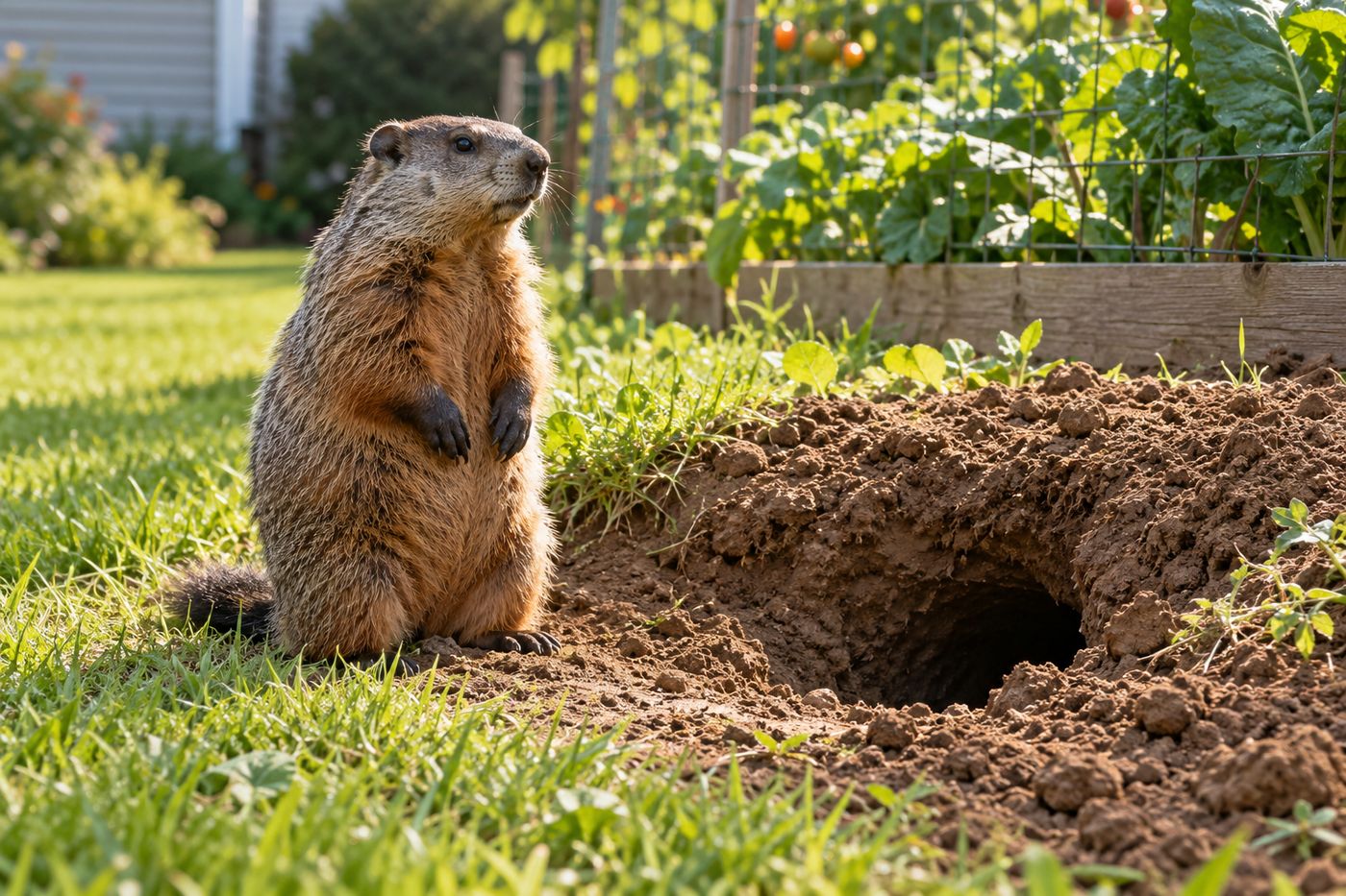 Groundhog standing upright beside its burrow entrance at the edge of a lawn