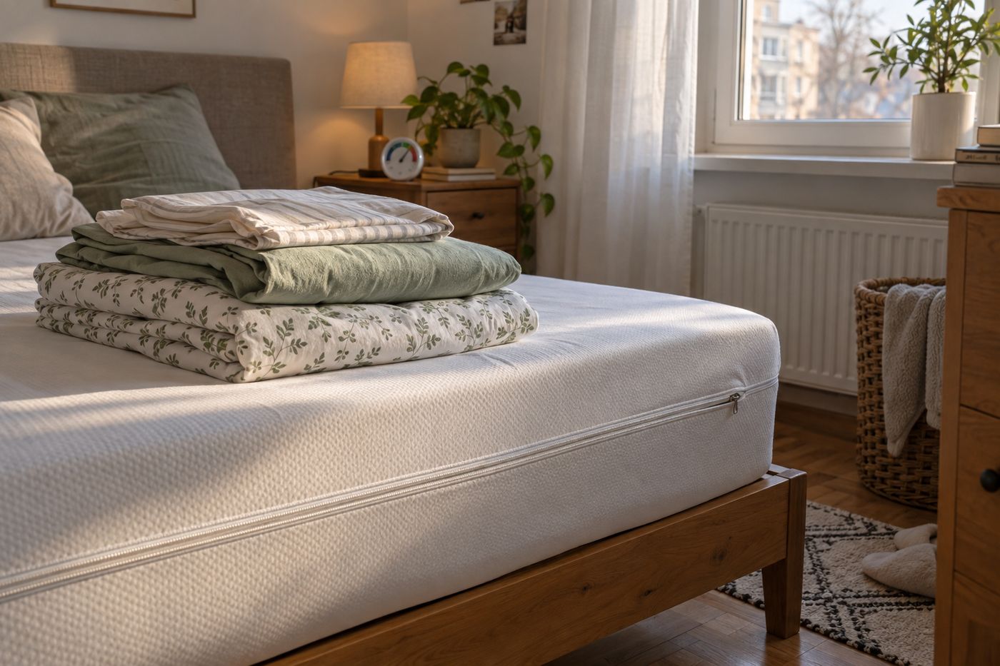 Mattress in a zippered protective cover with a stack of bedding and a small hygrometer