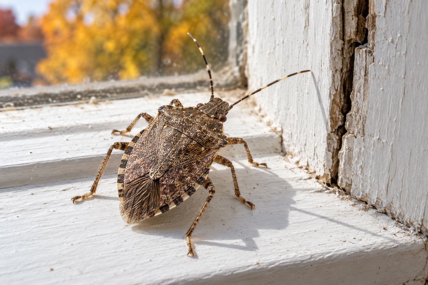 Brown marmorated stink bug on a windowsill next to a gap in the window frame