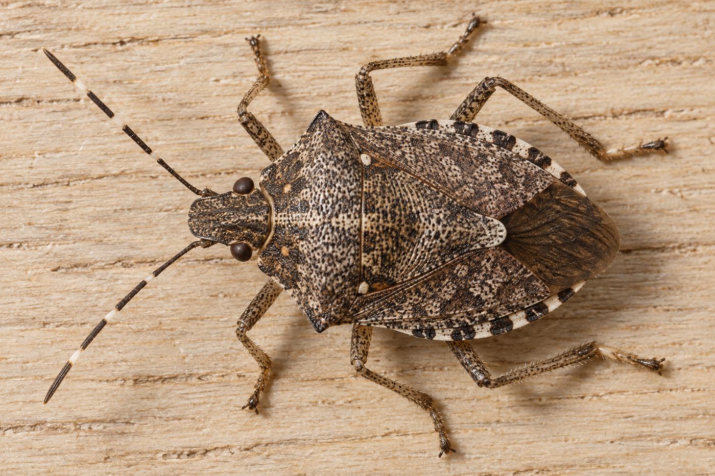 Brown marmorated stink bug seen from above with mottled marbled pattern on its shield