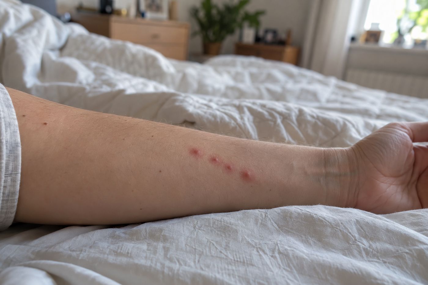 Row of four bed bug bites on a forearm