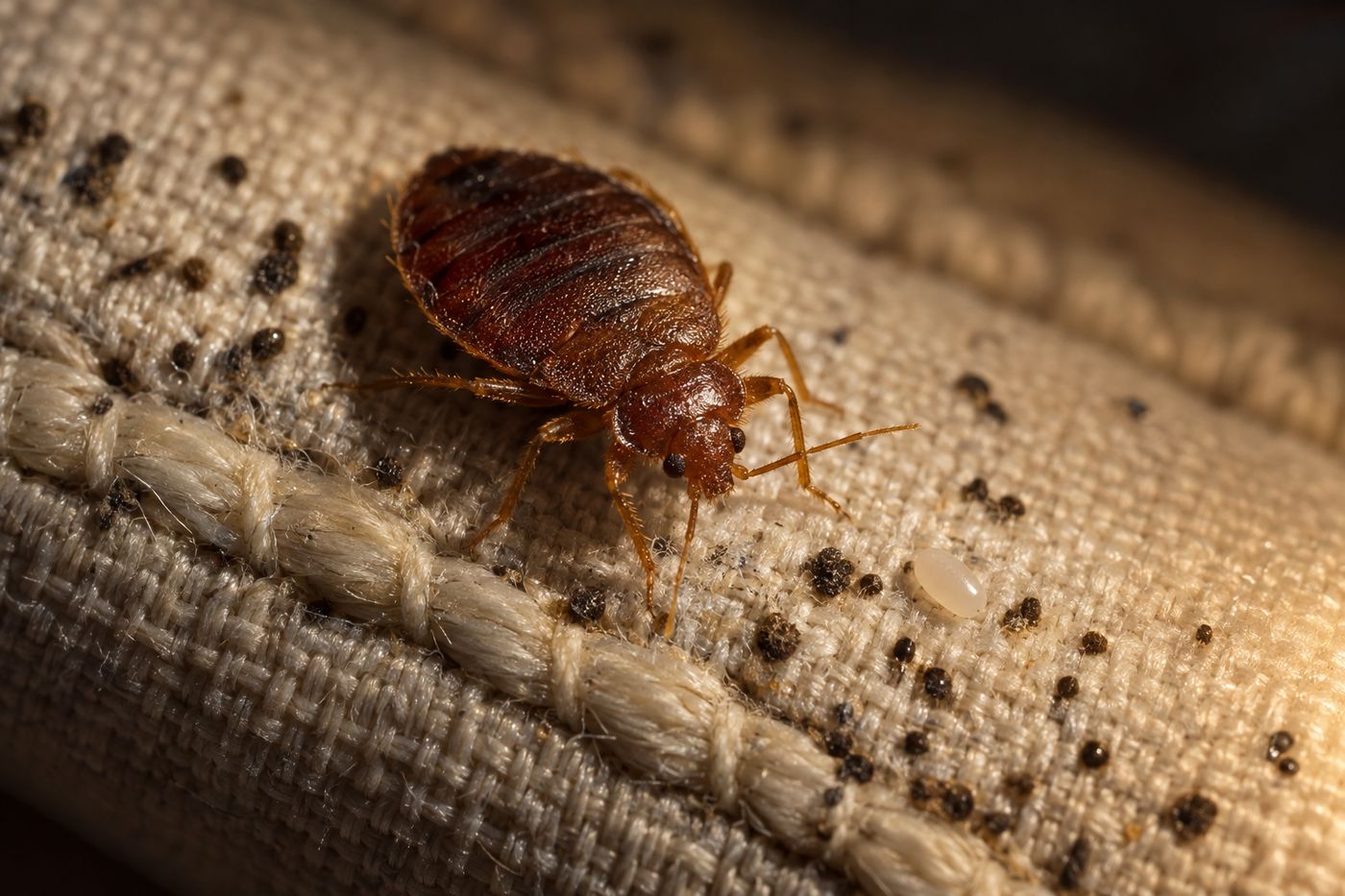 Adult bed bug on a mattress seam next to dark fecal spots