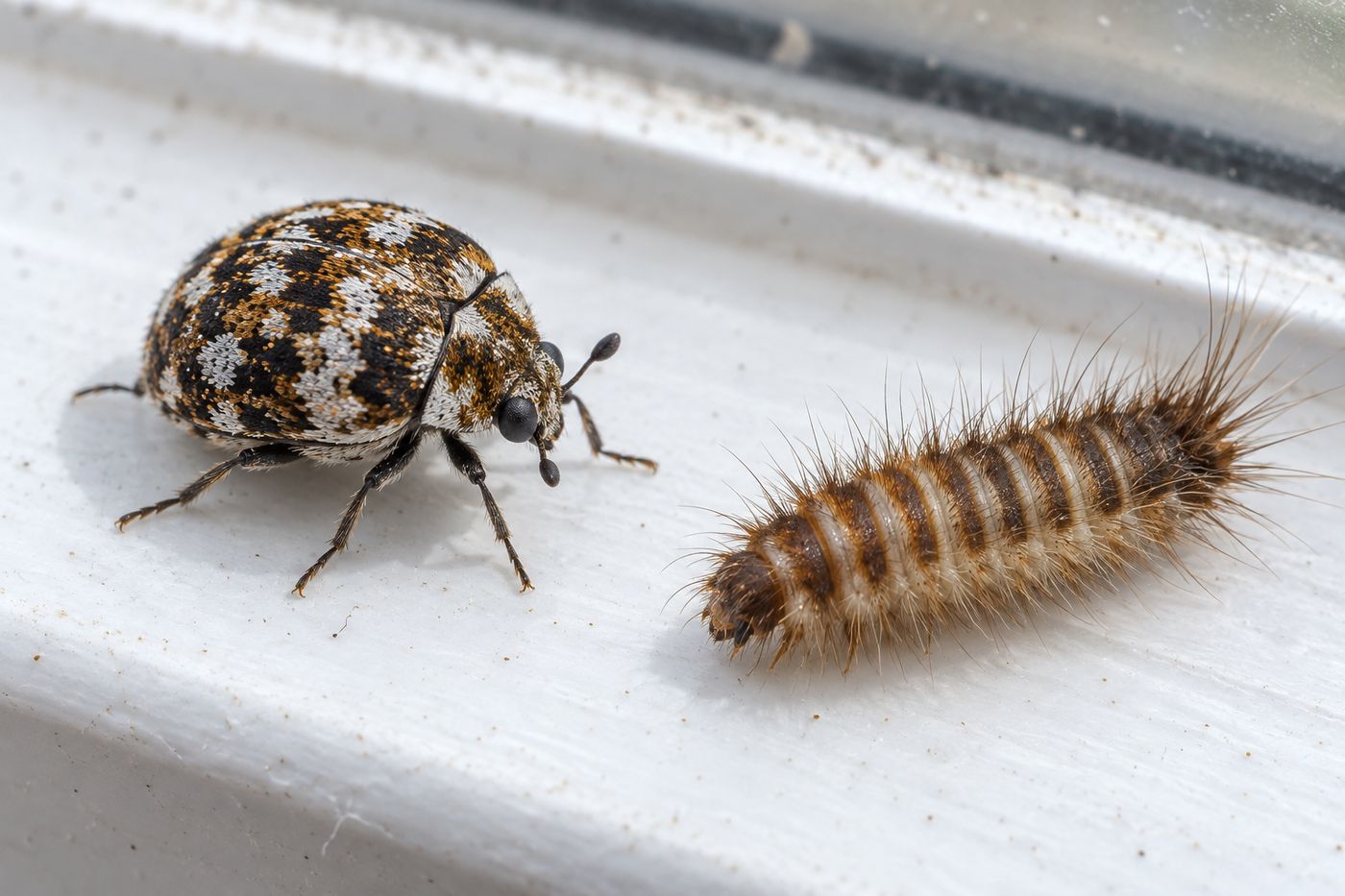 Carpet beetle on a windowsill next to a hairy larva