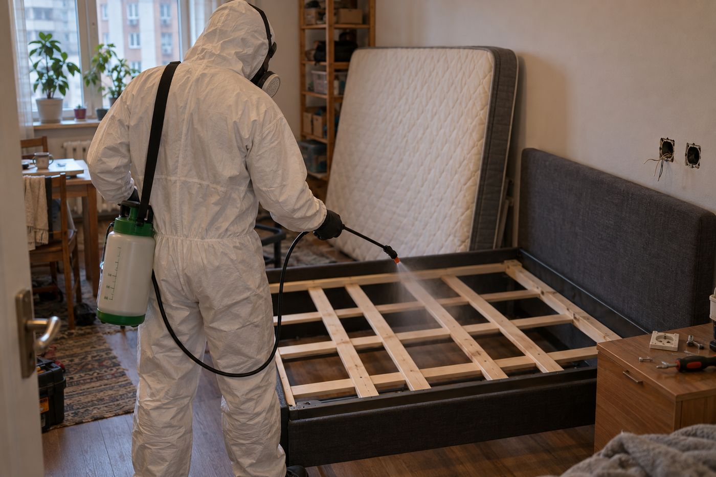 Technician in coveralls treating a disassembled bed frame with a hand sprayer