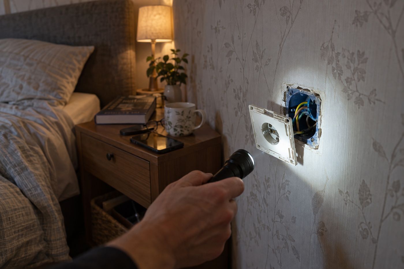 Removed outlet box in a wall shared with neighbors — a route for bed bugs between units