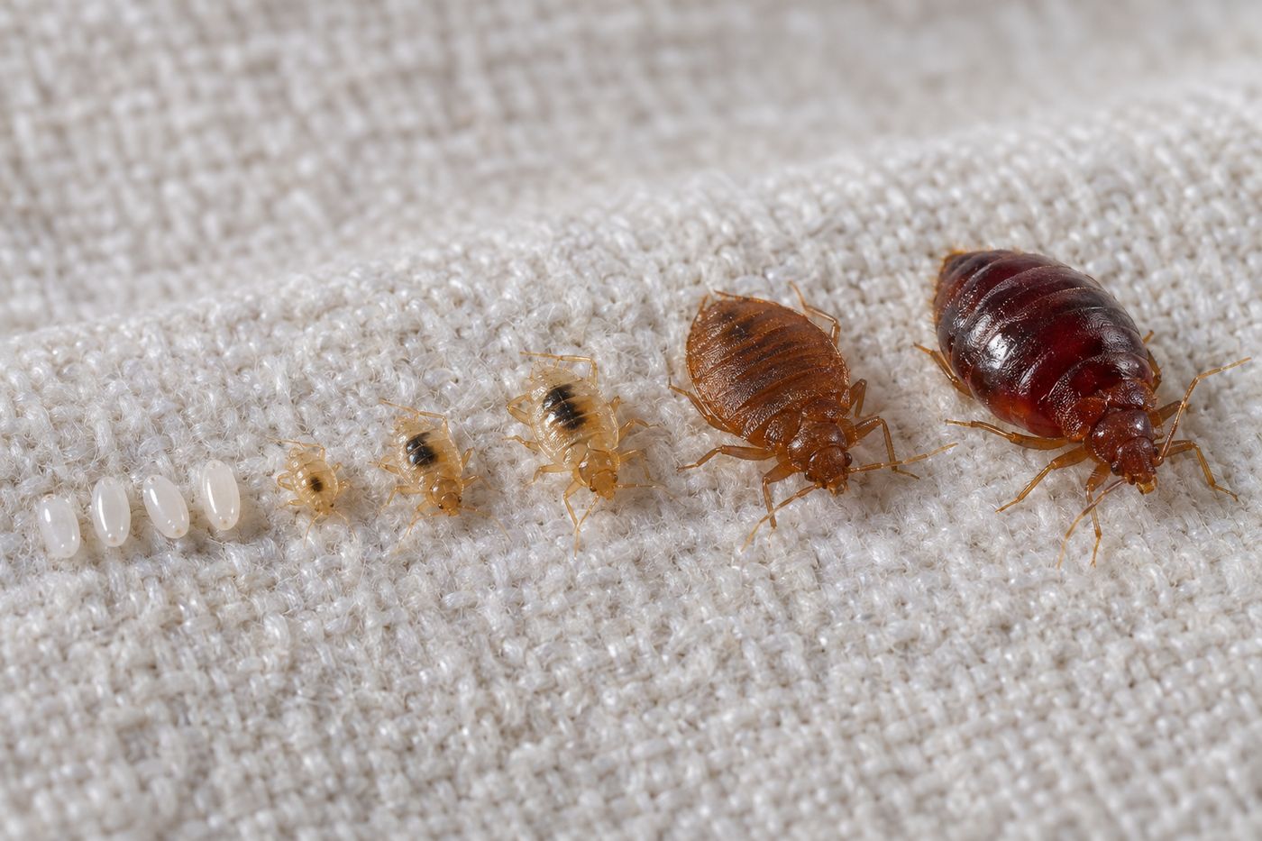 Bed bug life stages on pale fabric: eggs, nymphs of different sizes, unfed and fed adults
