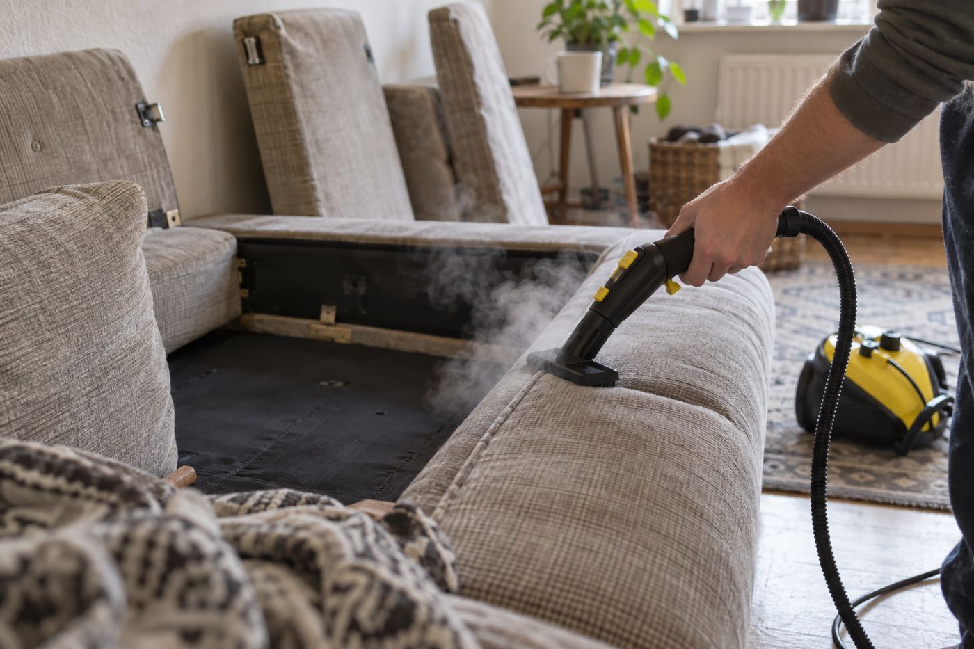Hand guiding a steamer nozzle along the seam of a disassembled couch