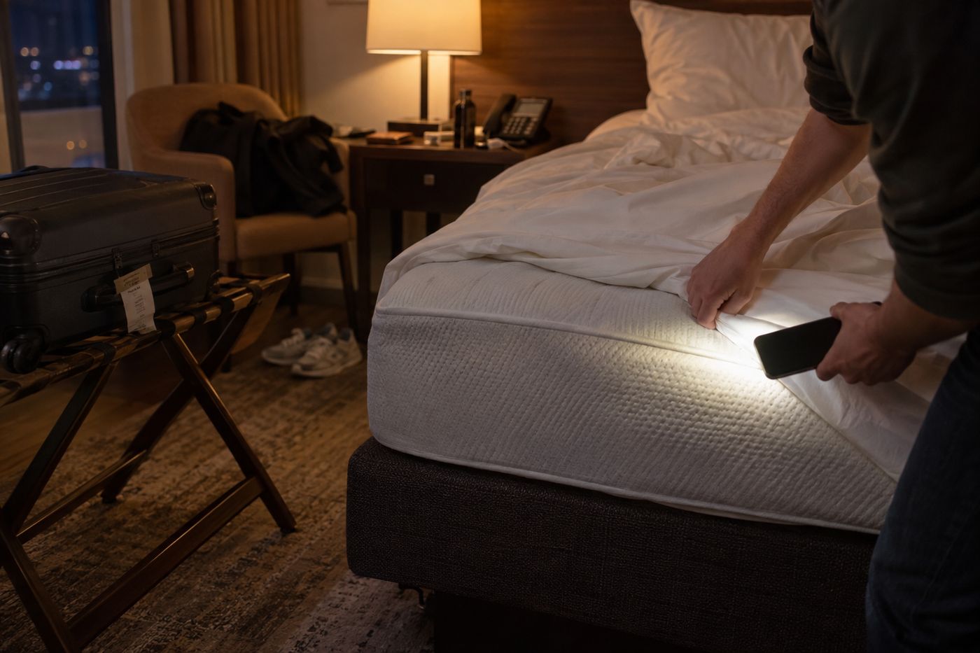 Suitcase on a luggage rack in a hotel room, sheet pulled back at the headboard, flashlight