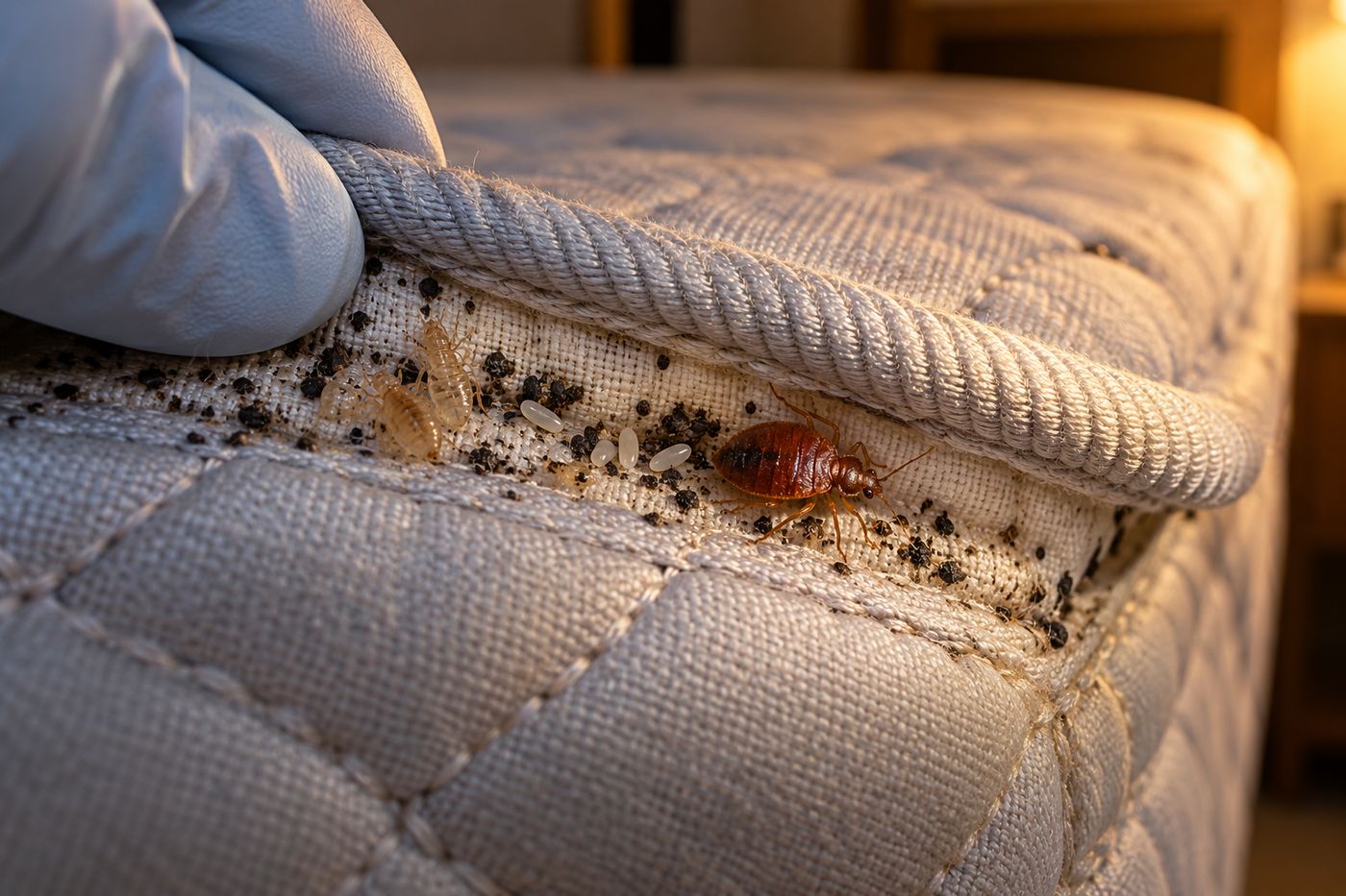 Corner of a mattress with the piping folded back, dark spots and bed bugs in the seam