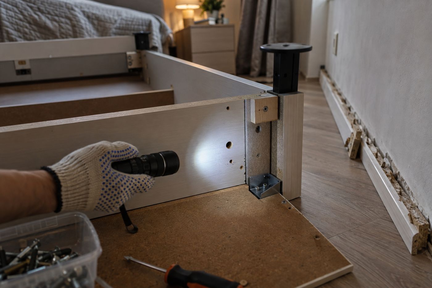 Gloved hand with a flashlight inspecting the joints of an overturned bed frame