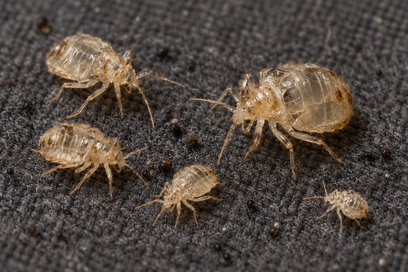 Translucent shed skins of bed bug nymphs on dark fabric, close up