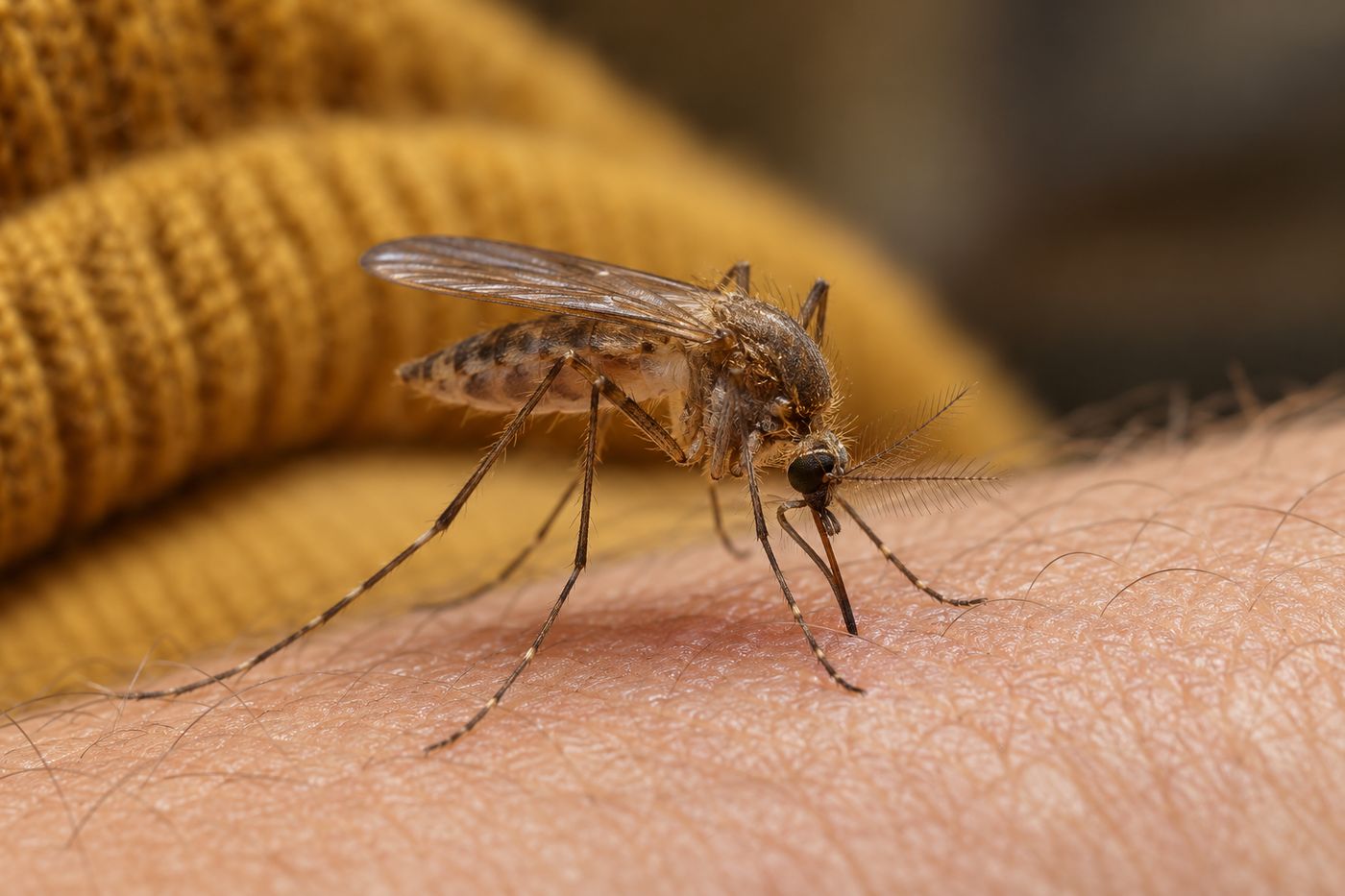 Common biting mosquito resting on the skin of a forearm