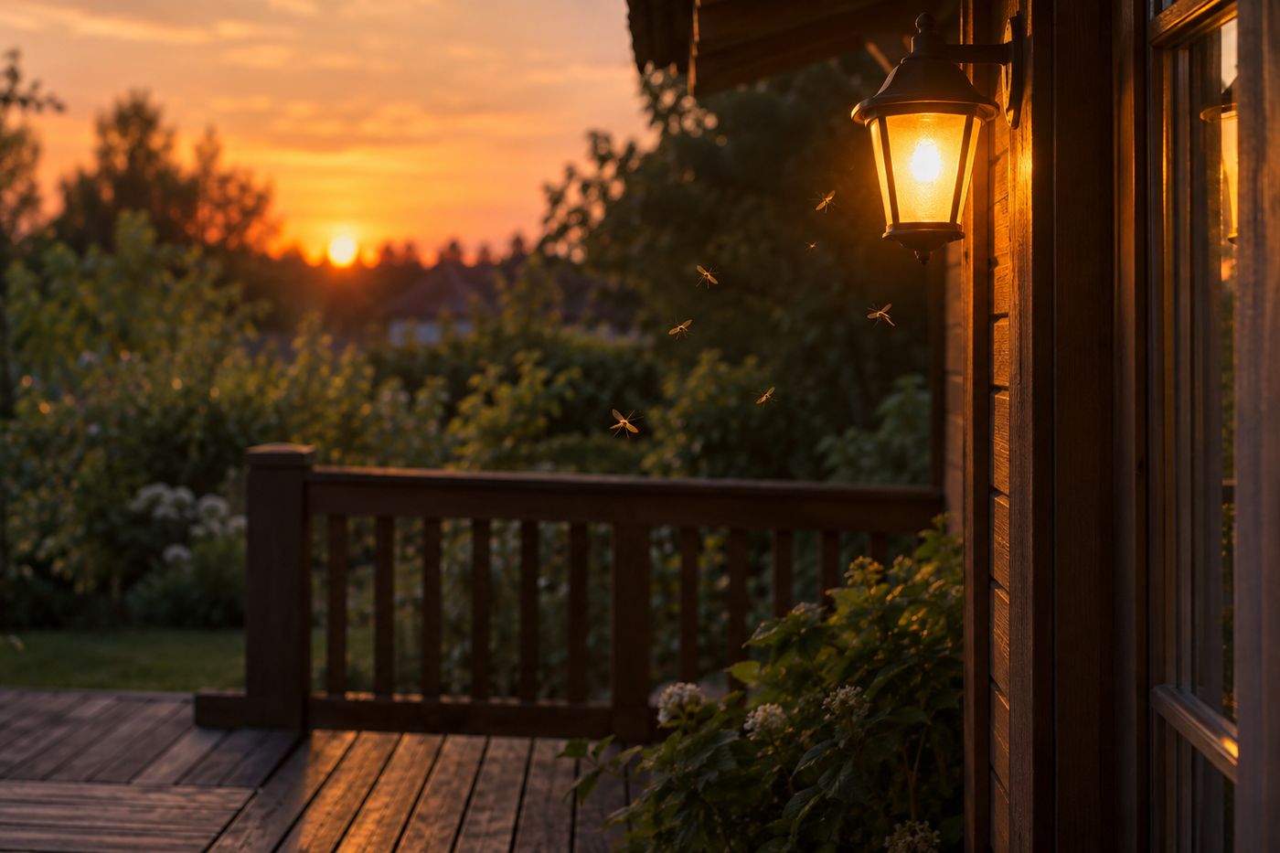 Evening porch in a light haze with mosquitoes backlit by a porch lamp