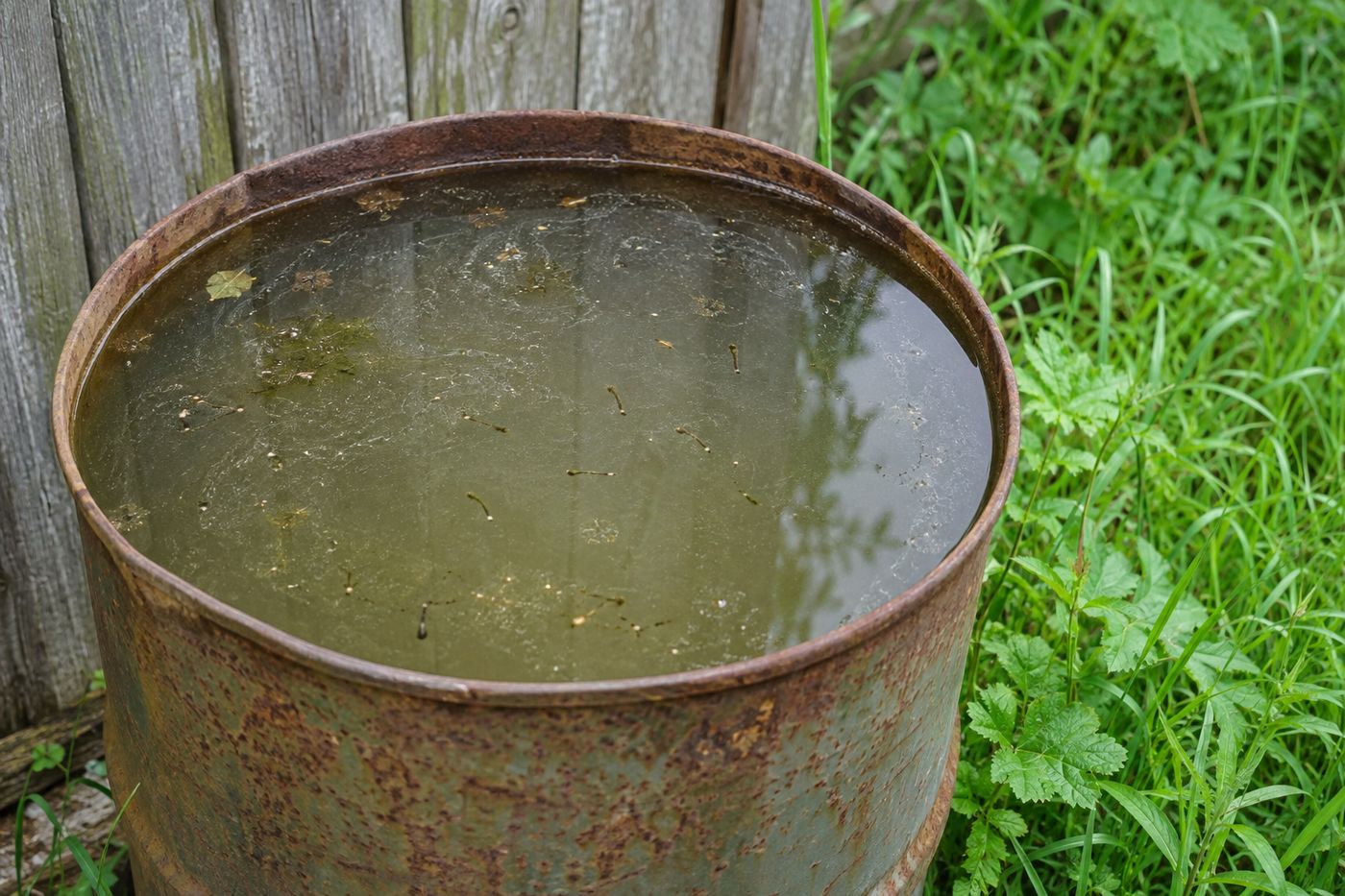 Old barrel full of standing rainwater in a yard, a mosquito breeding site