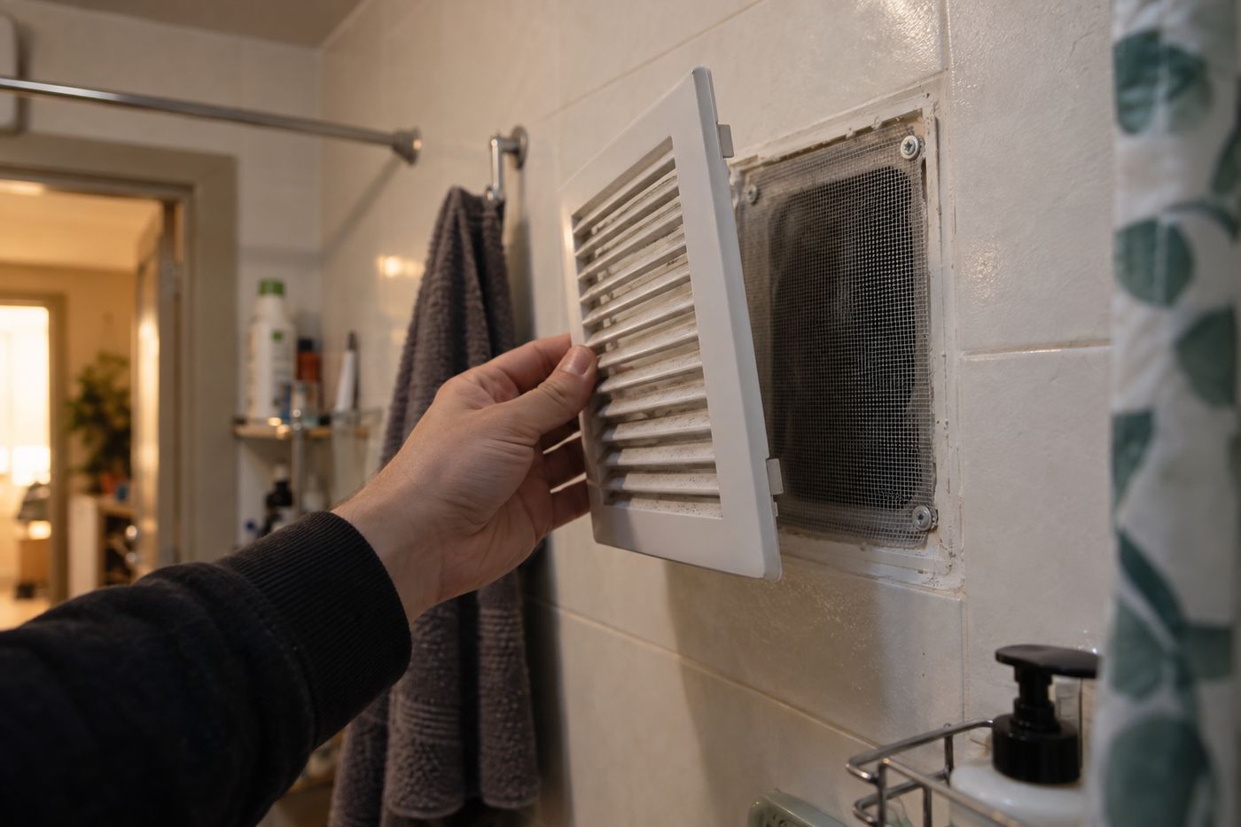 Vent cover removed to show fine mosquito mesh installed behind it