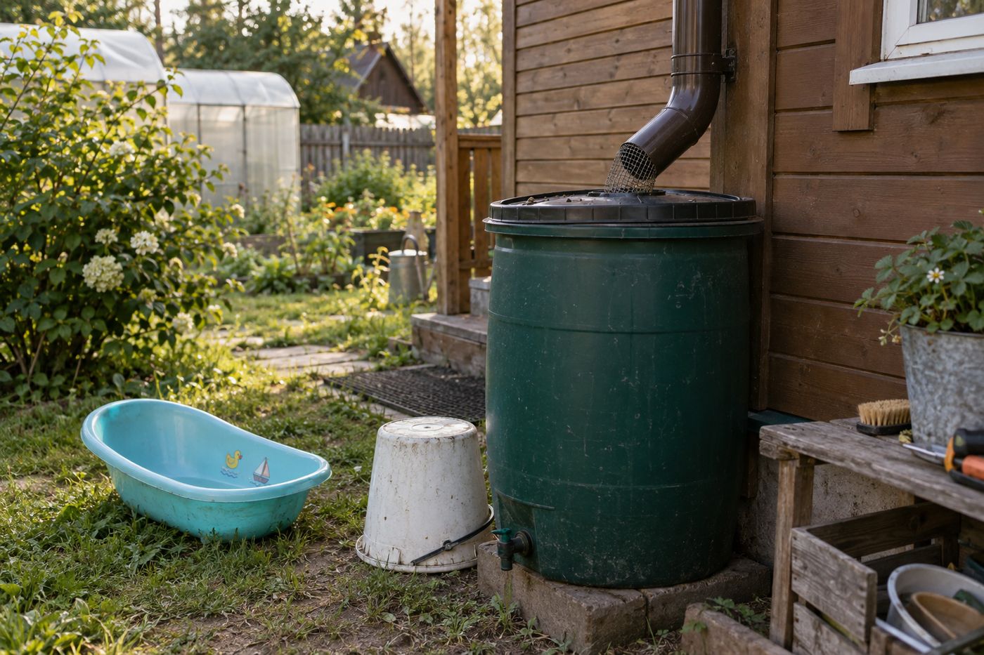 Rain barrel in a yard with a closed lid and a mesh screen over the downspout