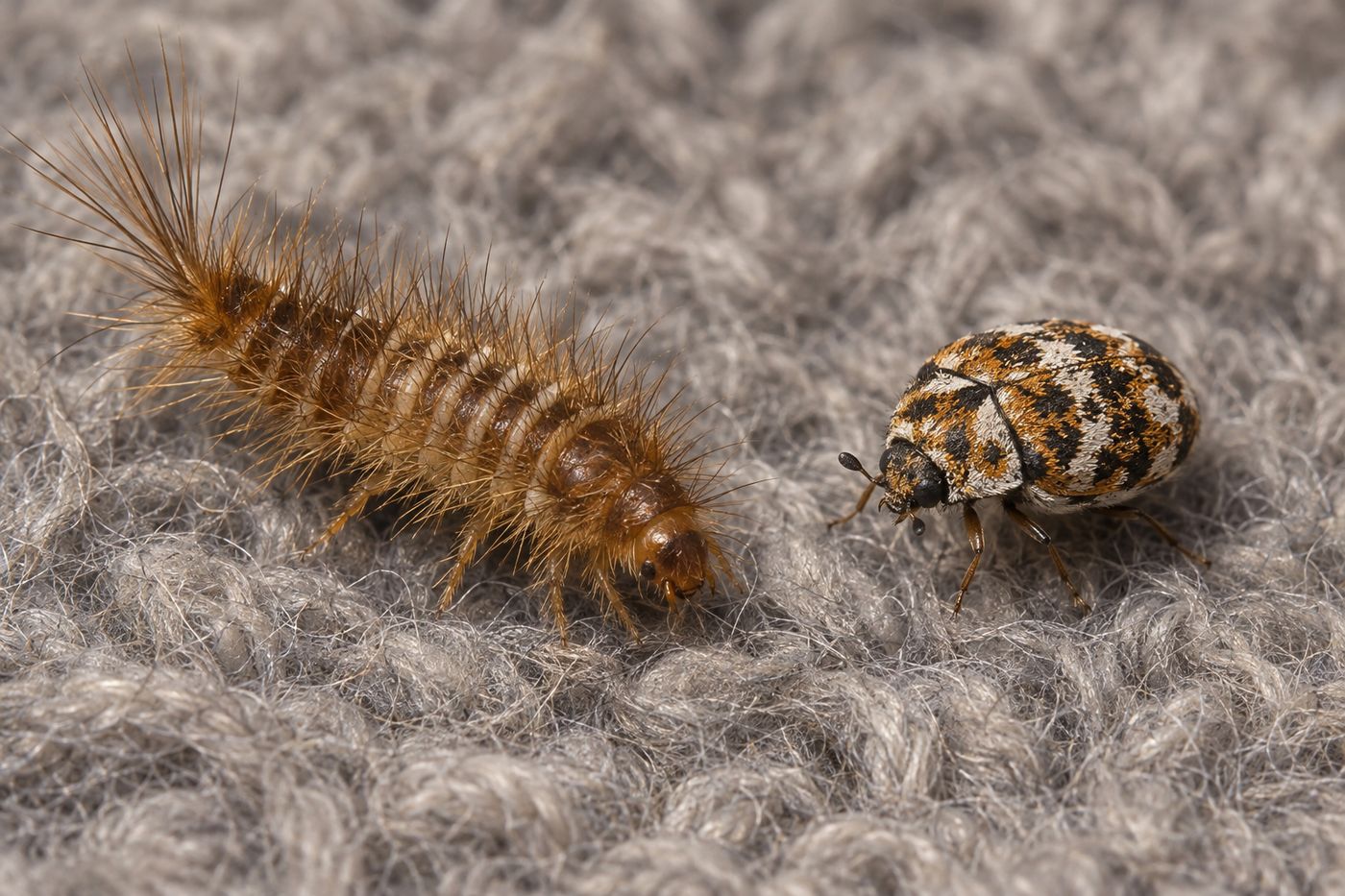 Hairy carpet beetle larva on a wool blanket next to a small mottled adult beetle